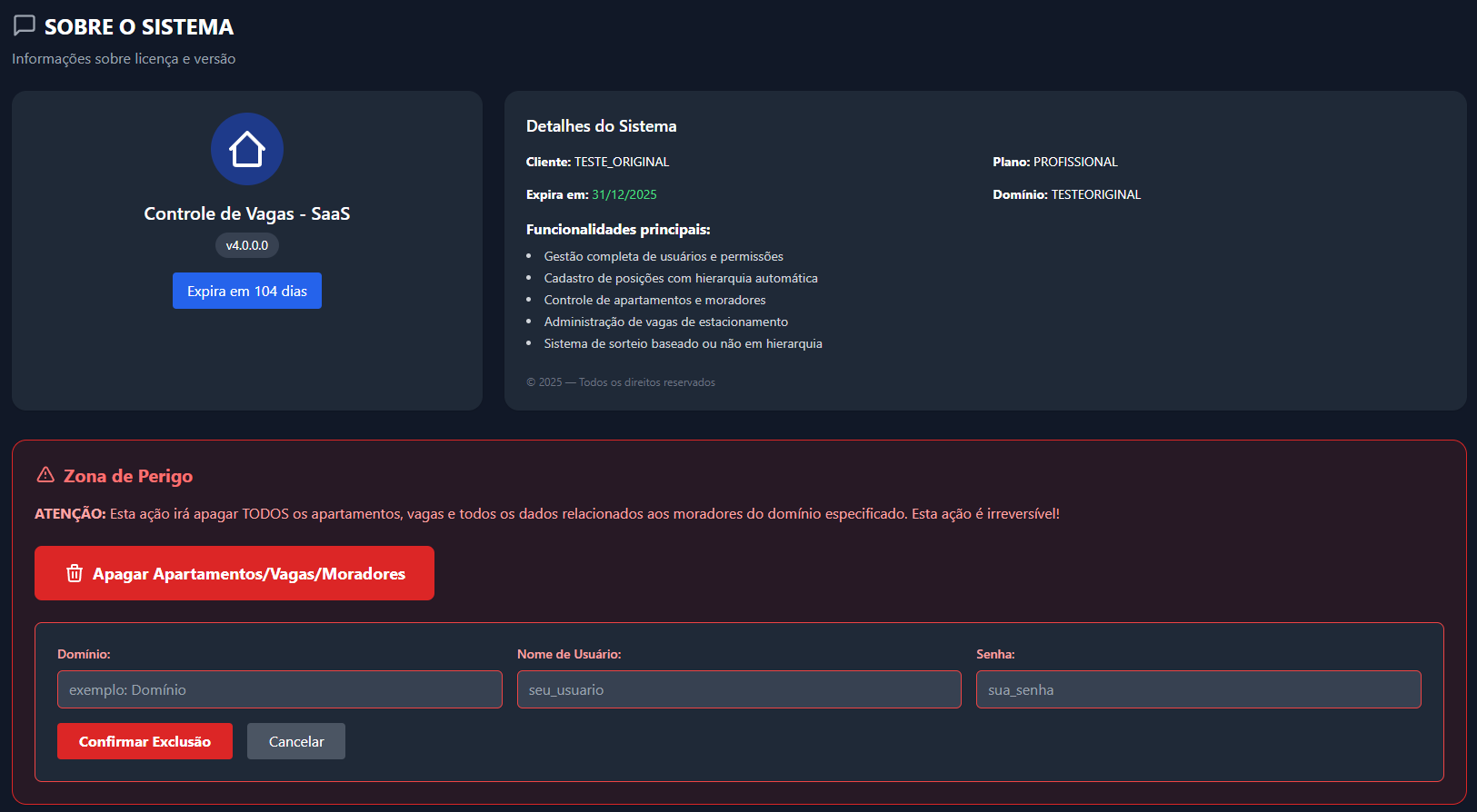 Tela de Informações do Sistema